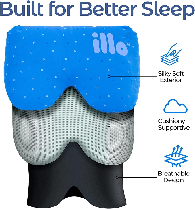 illo Wearable Pillow Sleep Mask | Blackout Weighted Eye Mask for Sleeping Napping & Side Sleepers | Soft Mulberry Silk Blend Patented Light Blocking for Travel Bed Camping Airplane Work | Women & Men
