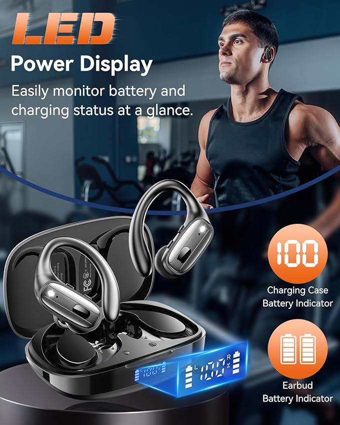 LEEMC Wireless Earbuds, Bluetooth Headphones 5.4, 80Hr Playtime Ear Buds with Hooks for Sports, Noise Canceling, LED Display, IPX7 Waterproof Earphones for Workout Running, Onyx