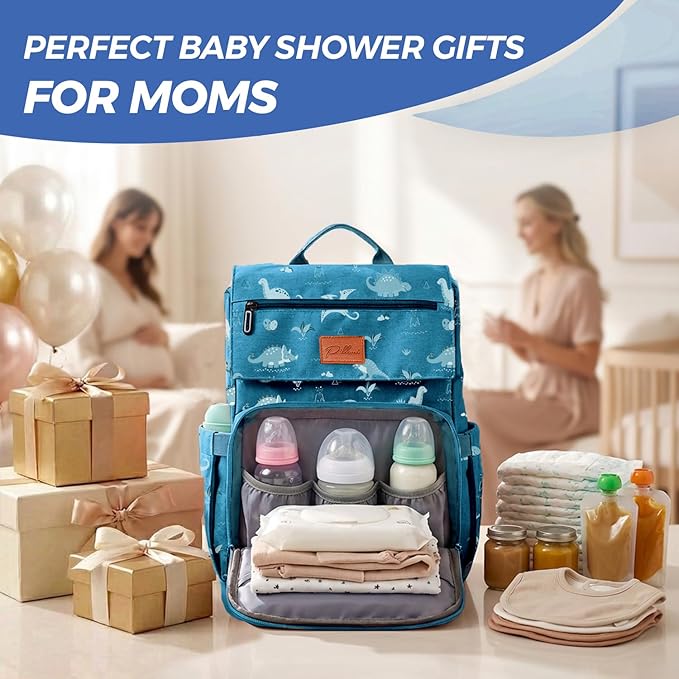 PILLANI Baby Diaper Bag Backpack - Large Waterproof Travel Diaper Bag for Boys & Girls, 16 Organizer Pockets with Changing Pad, Insulated Bottle Pockets & Stroller Straps, Baby Shower Gifts, Dinosaur