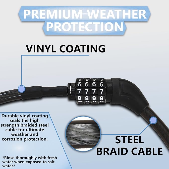 Lumintrail Long Coiled Bike Cable Lock 3/8 Inch 10ft (4, 6, 10, 15, 30ft), Weatherproof Locks for Kayak, Bike, Scooter, Outdoor Equipment, Resettable Combination Lock Anti Theft Protection