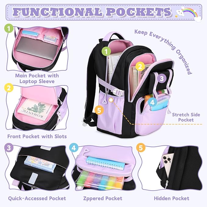 MUSEVOS Girls Backpack, Ideal School Backpack for Girls from Elementary to Teen Years, Kawaii Bookbag Cute Large Capacity (BLACK&PURPLE)
