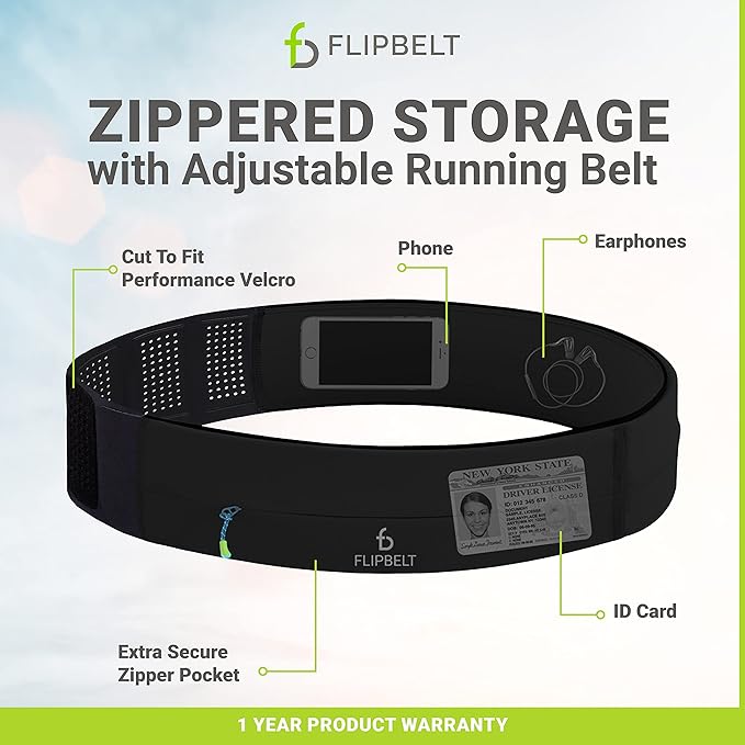 FlipBelt Adjustable Running Belt, Fitness and Running Fanny Pack for Women and Men, Non Chafing Waist Band Pack for Phone Keys Money, Moisture Wicking Storage Belt, USA Company