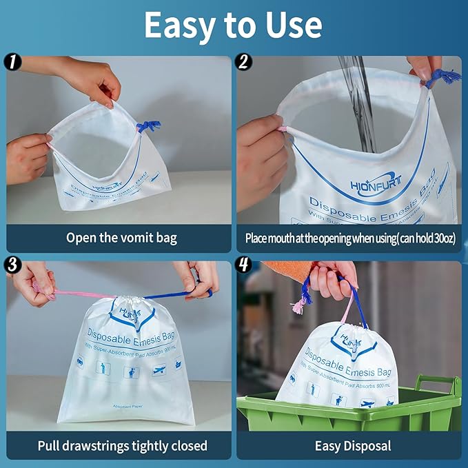 Hionfurt Absorbent Vomit Bag Disposable,26 Pcs Emesis Bags-Turns Vomit into Gel,Leak Resistant Barf Bag,900ml Portable Nausea Bags for Travel Motion Sickness,Pregnancy,Kids,Taxi,car