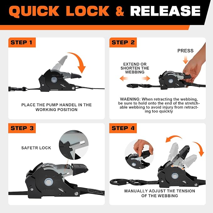 Heavy Duty Retractable Ratchet Straps 4 Pack 1 Inch x 12 Feet (1,500lb Break Strength) Auto Self Retracting Tie-Down Straps for Motorcycle, Truck, Cargo Trailer, ATV, UTV - Black