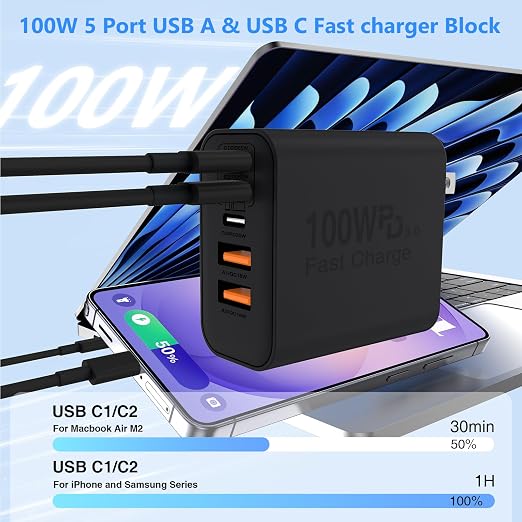 QZIIW USB C Wall Fast Charger Block, 100W 5-Port Type C Fast Charging Block 3 Pack-PD Power Charger Adapter QC 3.0 USB Multiport Charger Brick for iPhone 17 16, Samsung Series MacBook/Air, iPad, etc.