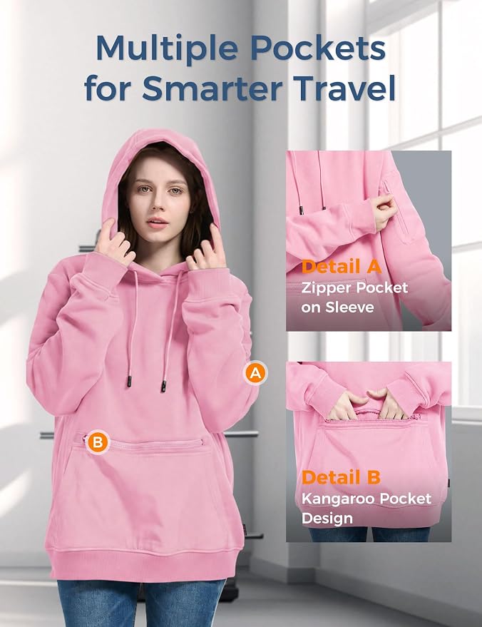 Travel Hoodie with Built-In Eye Mask for Airplane Travel Breathable Comfort Pullover Sweatshirt Multiple Pockets