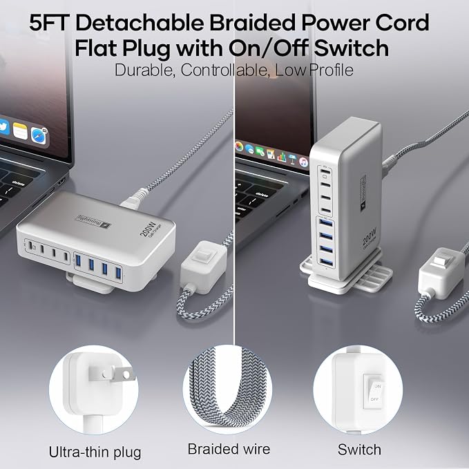 200W Charging Station for Multiple Devices, 8-Port USB C Charger Block Fast Charging, 65W Type C GaN Power Adapter for Cellphones, Tablets, Laptops, Multi Chargers USB Hub Flat Plug