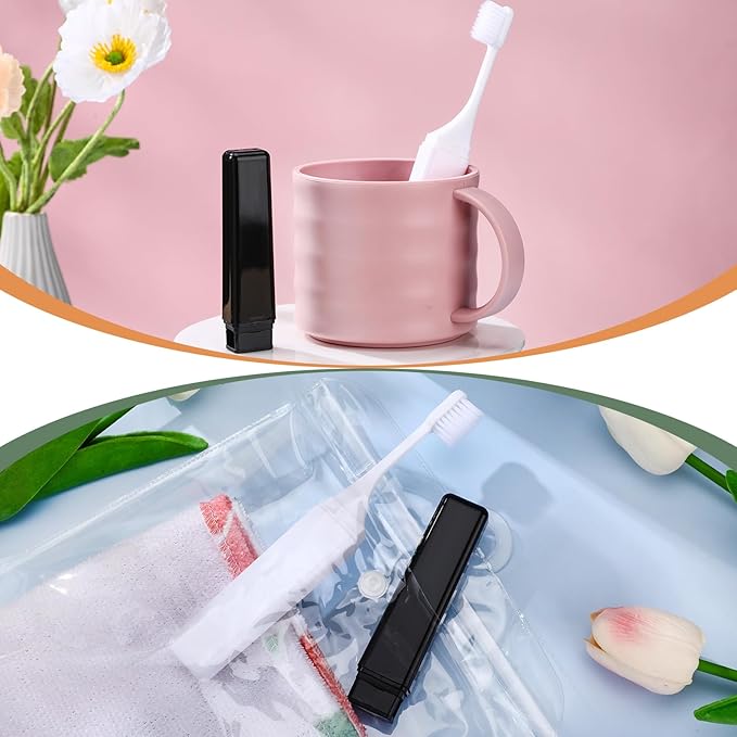 Patelai 2 Pieces Travel Toothbrush Set, Travel Size Toiletries, Soft Bristle Mini Foldable Tooth Brush with Case, Individually Wrapped Small Portable Toothbrush for Camping Home (Black and White)