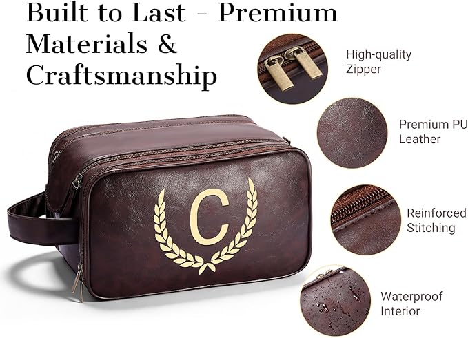 OXYEFEI Personalized Gifts for Men, Personalized Large Toiletry Bag for Men,Custom PU Leather Waterproof Mens Toiletry Travel with Initial Essential Dopp Kit Shaving Bag (C, Tea Brown)