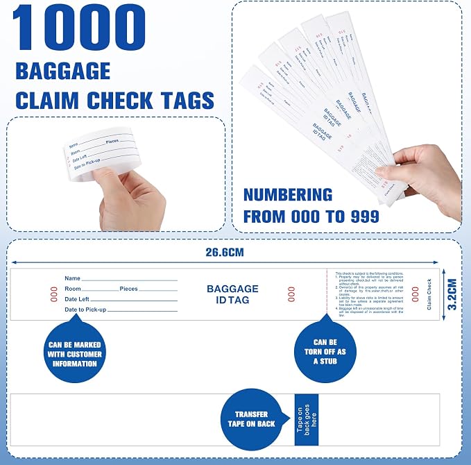 Feifeiya 1000 Hotel Luggage ID Tags with Transfer Tape on Back Paper Baggage Claim Check Tags Numbering from 000 to 999 Baggage Identification for Hotel Suitcase Motel Bag(White)