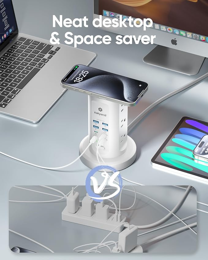 Kakyanill 115W USB Charging Station, Power Strip Tower, 9 AC Outlets with 8 USB Ports(4 USB-C), 6Ft Flat Plug Retractable Extension Cord, for Home Office Dorm, White