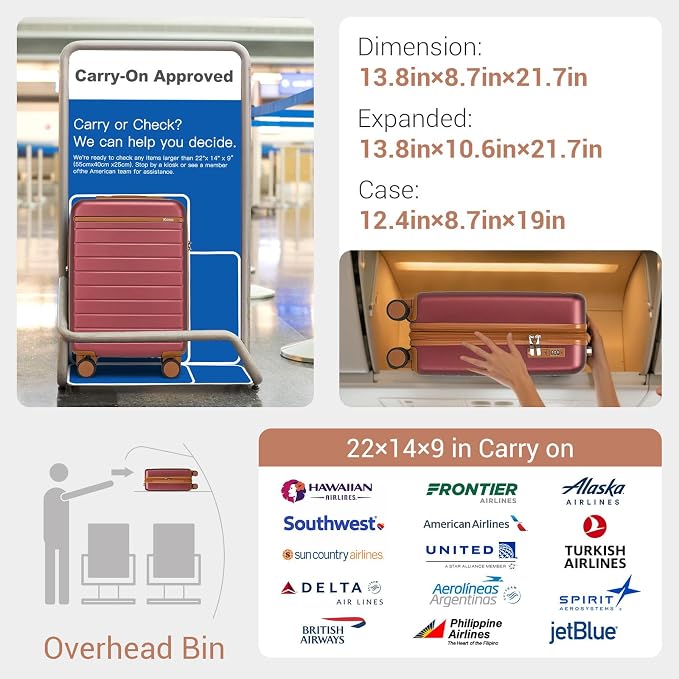 Kono Expandable 20 Inch Carry On Suitcase Airline Approved, Lightweight ABS+PC Hardshell Luggage with 360° Silent Spinner Wheels, Burgundy/Brown
