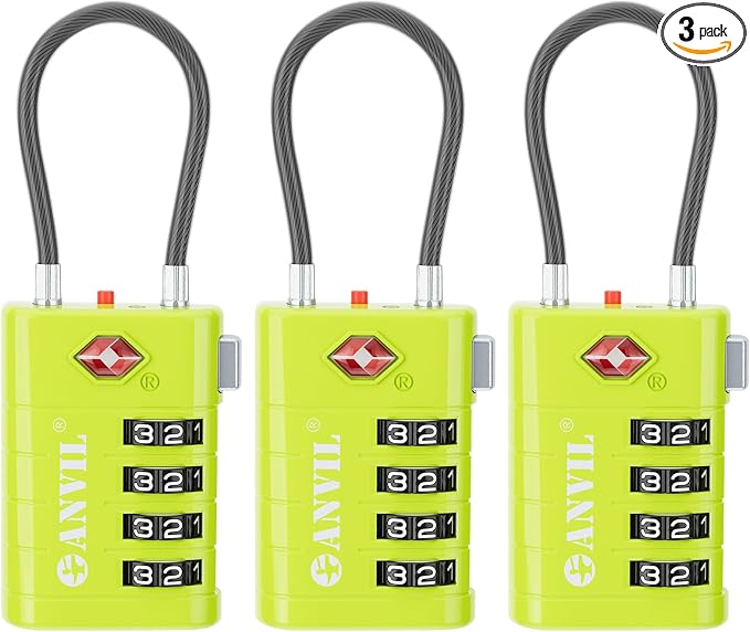ANVIL TSA Approved Luggage Locks with Search Alert Indicator, 4-Digit Combination Suitcase Lock, Advanced TSA008 Core Heavy Duty Anti-Theft Travel Lock for Double Zippers, Backpacks