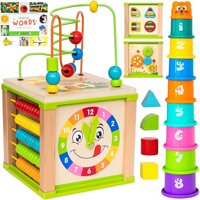 Wooden Activity Cube for Baby, Montessori Toys for 1 Year Old, Baby Toys 1 Year Old, Toys for 1+ Year Old Girl - Wooden Activity Center with Bead Maze Toy, Baby Stacking Cups, Book, in Pink Gift Box