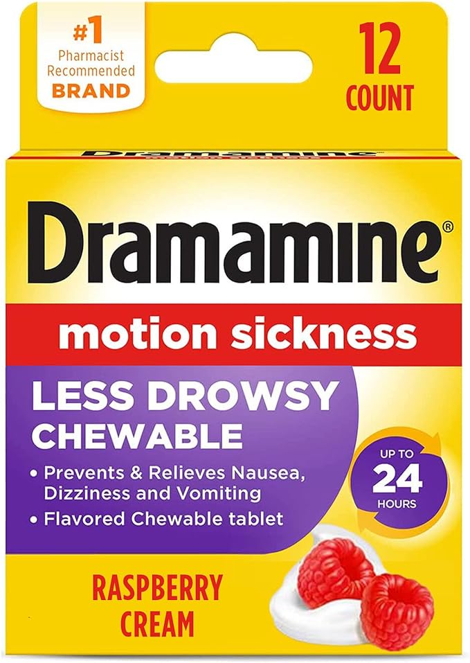 Dramamine Motion Sickness Relief Ginger Capsules, 18 Count & Less Drowsy Chewable Tablets, Raspberry Cream, 12 Count