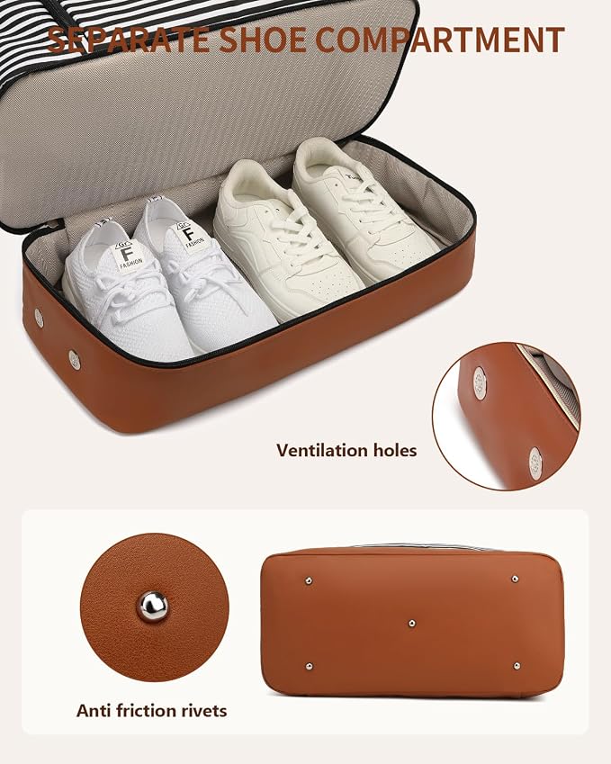 Weekender Bags for Women Travel, Under Seat Carry On Bags for Airplanes Overnight Bag with Shoe Compartment Luggage Sleeve, Foldie Travel Tote Bag Hospital Bag, Travel Gifts, Black Strip