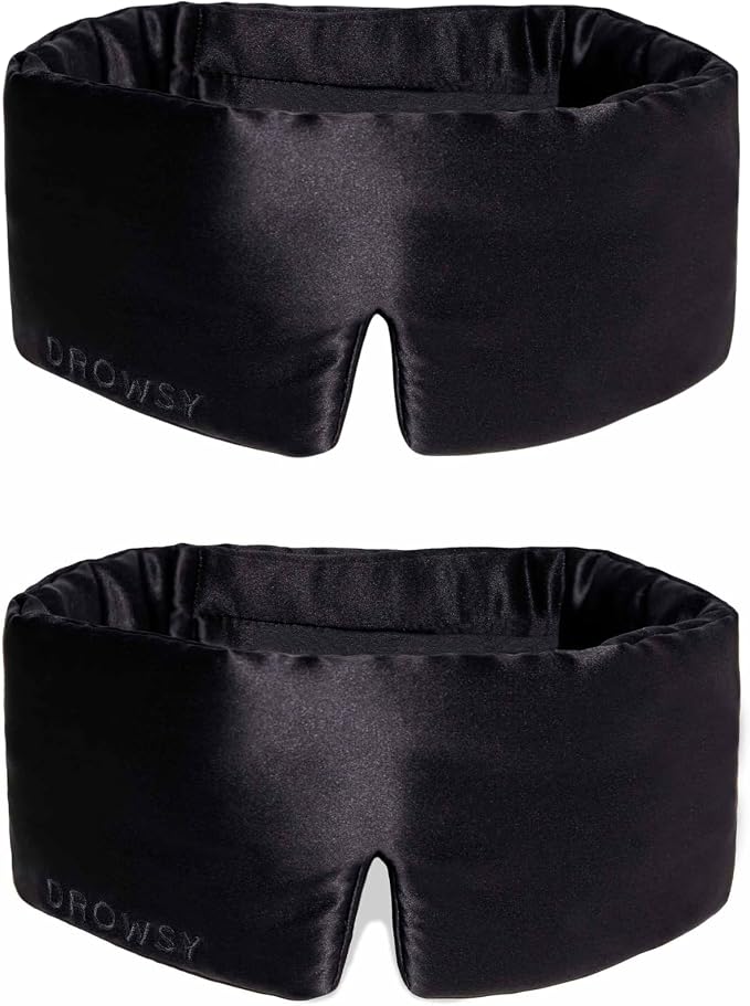 DROWSY Silk Sleep Mask Set - Face-Hugging, Padded Silk Cocoon for Luxury Sleep in Total Darkness - Eye Masks for Sleeping & Travel, 100% Pure Mulberry Silk, Adjustable - Black Jade (Set of 2)