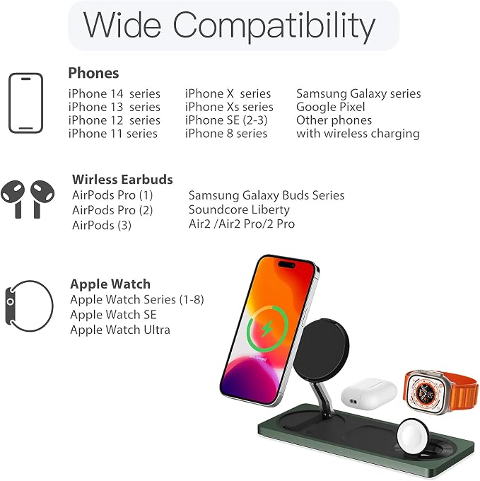 PETINO 3 in 1 Wireless Charging Station for Apple Devices with MagSafe | For iPhone 17/Air/16/15/14/13/12, AirPods & Apple Watch, Foldable Portable Aluminum Charging Stand, Adapter Included