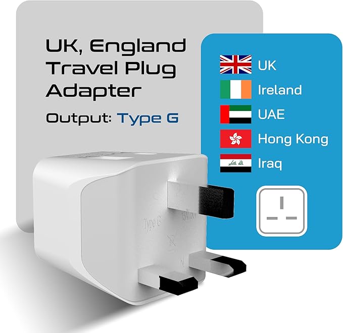 Ceptics UK adapters for Travel to London, Hong Kong, Ireland - Dual USB-A & USA Input - Type G Adapter Grounded - Ideal for Phone, Laptop, Cameras