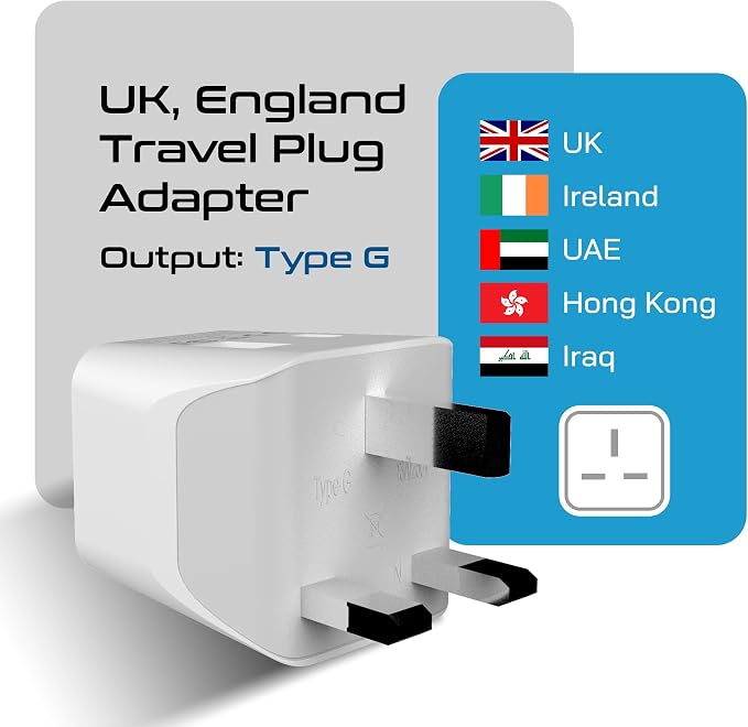 Ceptics Type G Travel Adapter - Canada to UK, Ireland & UAE Grounded Plug Adapter with Dual USB Ports for Electronic Devices (CTU-7)