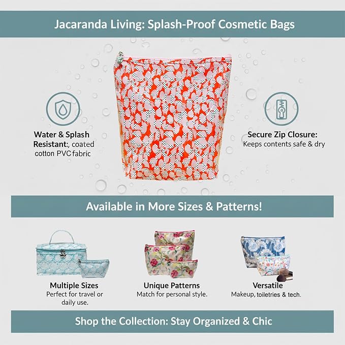 Jacaranda Living Medium Cosmetic Bag – Waterproof PVC-Lined Makeup & Toiletry Bag, Zipper Organizer for Skincare, Cosmetics & Travel Essentials, Summer Splash-Proof Bag, Pebble Polka Dot