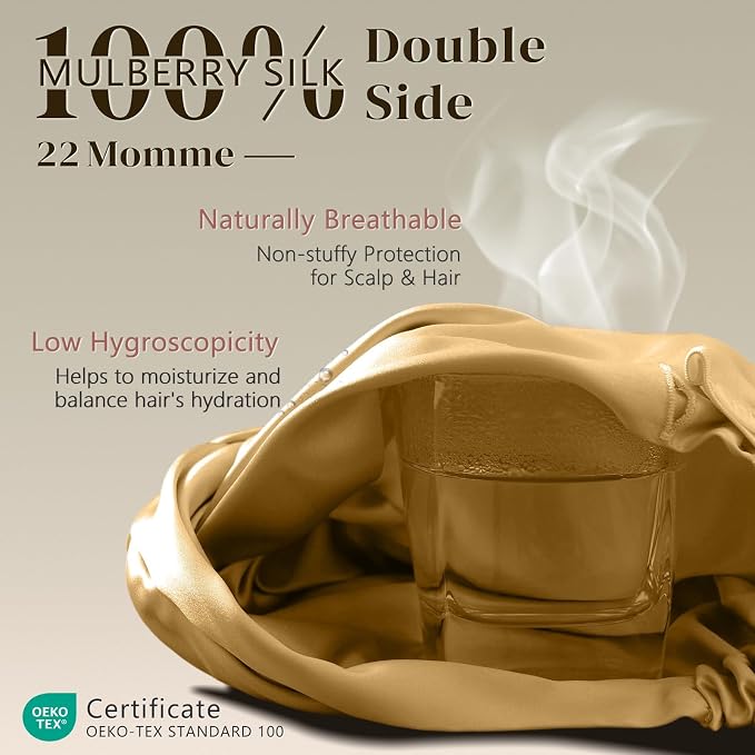ZIMASILK 100% 22 Momme Mulberry Silk Bonnet for Sleeping Women, Breathable Silk Hair Wrap for Premium Hair Protection - Reducing Friction (1Pc, Gold)