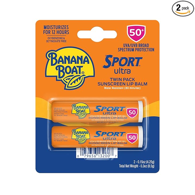 Banana Boat Sport Ultra SPF 50 Lip Sunscreen Twin Pack SPF Lip Balm Pack, Banana Boat Lip Balm SPF 50, Oxybenzone Free Sunscreen, Lip Sunblock, Travel Size Sunscreen for Lips, 2 Pack