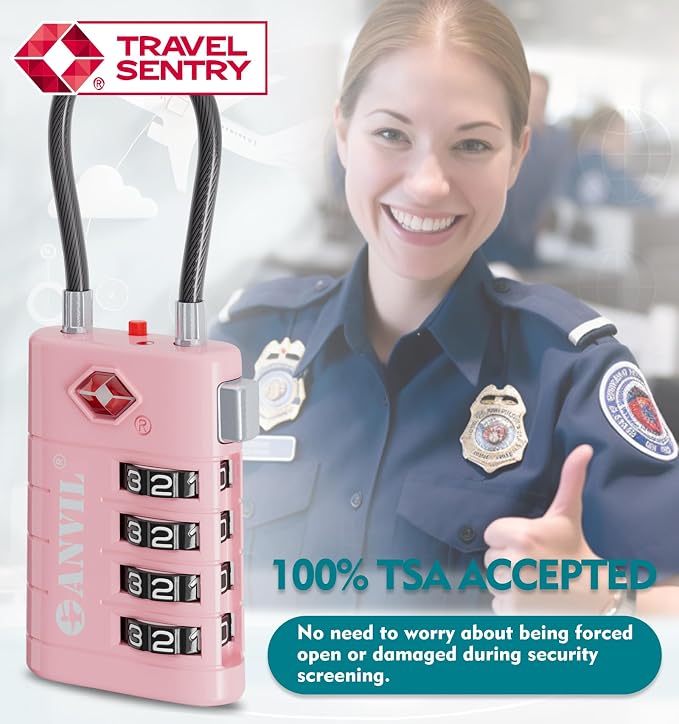 ANVIL TSA Approved Luggage Locks with Search Alert Indicator, 4-Digit Combination Suitcase Lock, Advanced TSA008 Core Heavy Duty Anti-Theft Travel Lock for Double Zippers, Backpacks