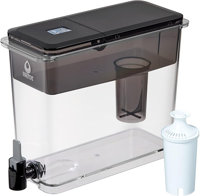 Brita Extra-Large 27-Cup Water Dispenser with BritaPlus Filter, WQA NSF/ANSI Certified, Reduces 2X Contaminants vs. Standard, Reduces Chlorine, Zinc, Copper, Mercury & More, 1 Filter Included, Black