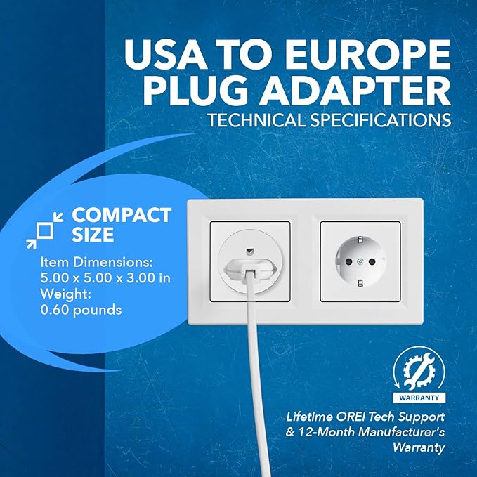 OREI American USA to European Plug Adapter – Type E/F schuko Plug Adapter - Use in Germany, France, & More - CE Certified – for Mobile, Laptop & Camera Chargers - 4 Pack