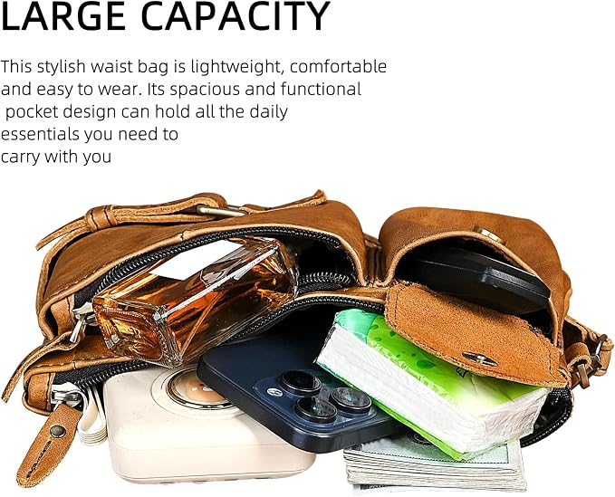 Water Resistant Canvas + Leather Hiking Riding Travel Fanny Waist Pack Small Phone Pouch For Men Women FB811-29 (100% Leather-The 8135 Light Brown)
