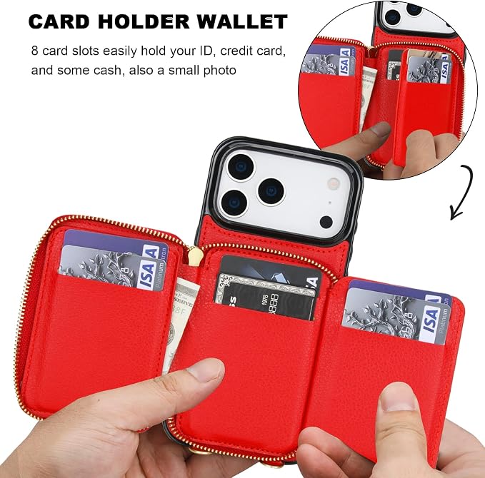 Bocasal RFID Blocking Wallet Case for iPhone 17 Pro Max, Adjustable Crossbody Zipper Purse Case Card Holder with Kickstand Detachable Wrist Strap, PU Leather Flip Folio Case 6.9 Inch 5G (Red)