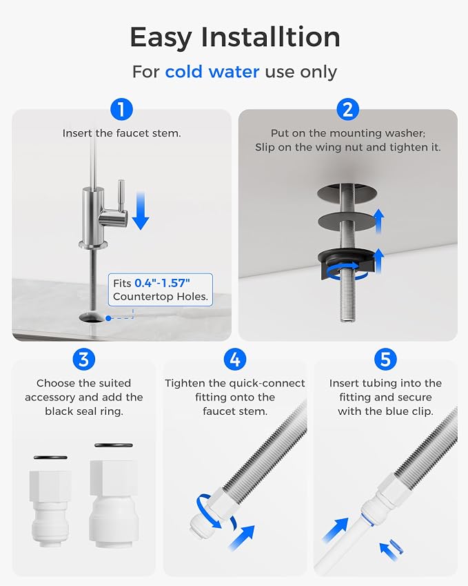 Waterdrop G2FCT-Chrome Drinking Water Faucet, Reverse Osmosis Faucet, Water Filter Faucet for Kitchen Bar Sink, Single Handle, Easy to Install, Lead-Free, Stainless Steel, Polished Chrome