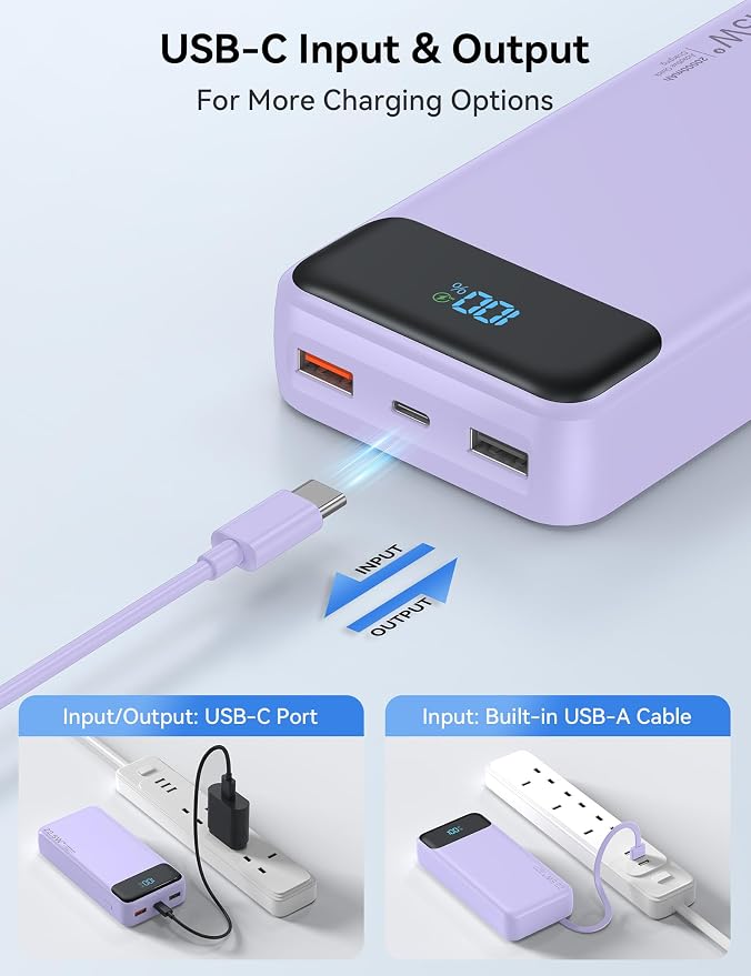 Nusyddy Portable Charger 20000mAh 22.5W w/4 Built-in Cables/6 Outputs Purp. | High capacity, Fast Charge, LED Display, Pass Through Charging, Charge 6 Devices at once, TSA Approved, Fits iPhone, Samsung