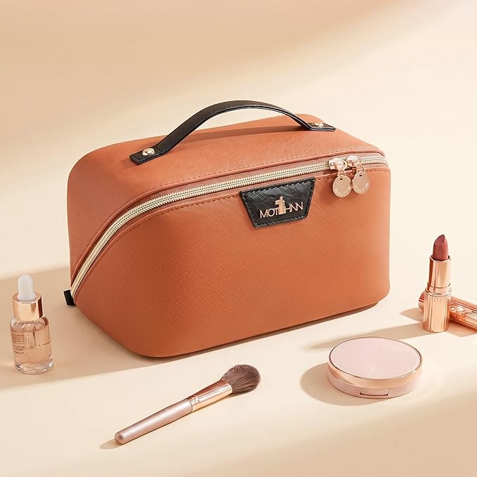 Travel Makeup Bag for Women: 3-in-1 Large Capacity Cosmetics Organizer with 2 Detachable Pouch - Vegan Leather Flat Open Toiletry Bag - Travel Essentials for Full-Sized Bottles(Orange)