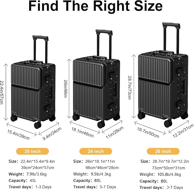 Carry on suitcase Zipperless Luggage,Polycarbonate Aluminum Hard Shell, Expandable Carry-On Suitcase with Spinner Wheels, 24 Inch Cabin