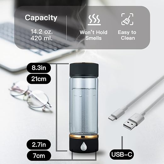 Hydrogen Water Bottle with SPE/PEM Tech - Portable Molecular H2 Water Generator for High-Concentration Alkaline Water - USB-C Rechargeable, 14oz Glass Cup for Home, Office, Gym, Travel