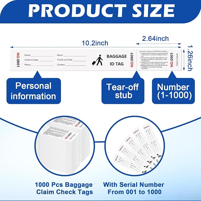 1000 Pcs Paper Hotel Luggage ID Tags with Transfer Tape On Back Luggage Tags Bulk Black Baggage Claim Check Tags Serial Numbering Claim Ticket Baggage Identification for Suitcase Motel Bag Storage