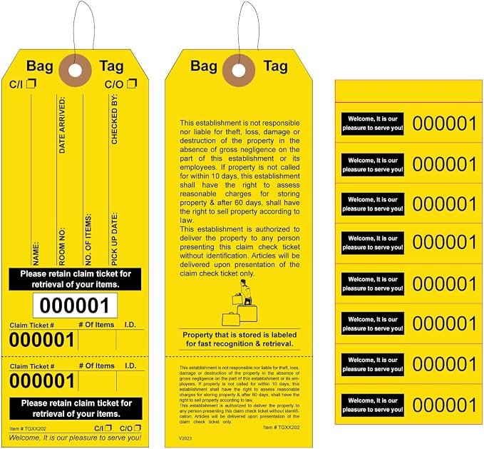 1000 Luggage Claim Tags with String Attached, Consecutively Numbered, Bag Stickers, Claim Ticket - Bag Tags for Hotel and Motel Bag Storage. Size: 6 3/4" (H) x 2 1/2" (W).