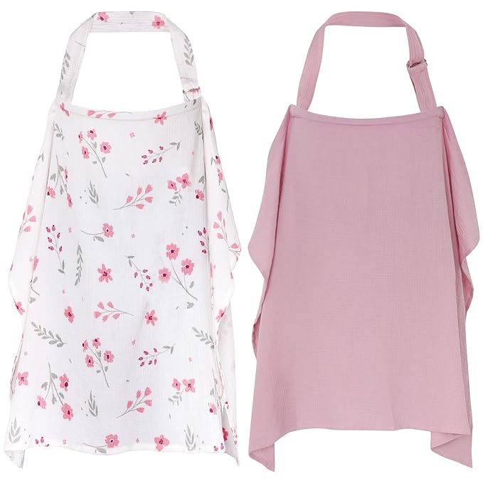 2 Pack Muslin Nursing Cover for Breastfeeding, 100% Cotton Soft Privacy Nursing Covers Apron Breastfeeding Cover with Arch Neckline for Women New Mom, Multi-use Breastfeeding Essentials