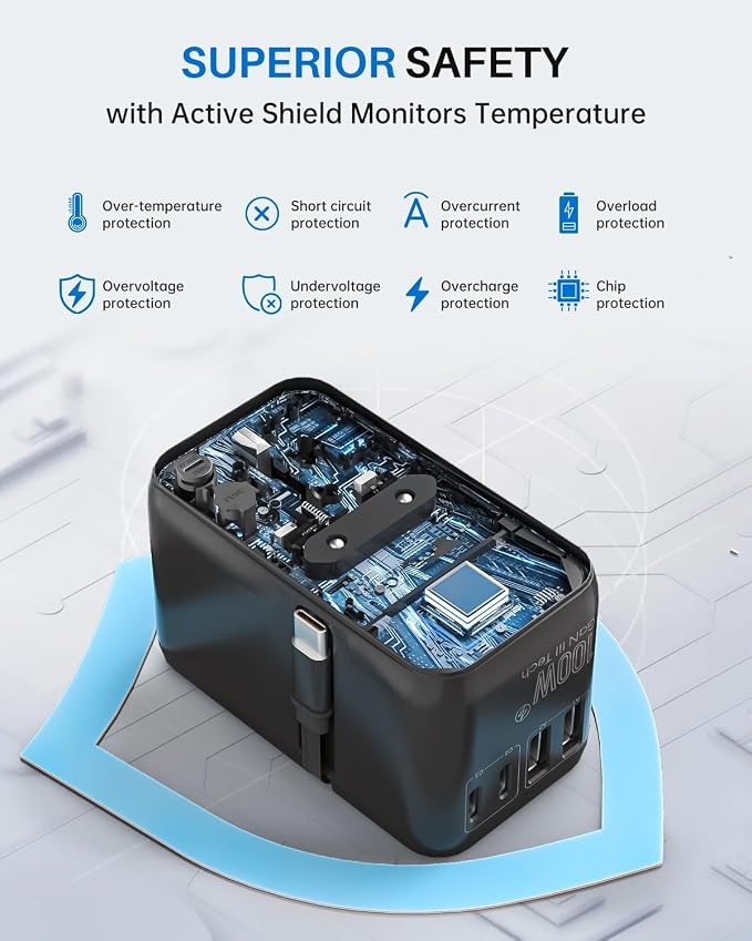 DOACE 100W GaN Universal Travel Adapter, 6-in-1 International Power Adapter, European Travel Plug with Built-in USB-C Cable, Fast Charging, Worldwide for EU UK US AUS, Travel Essentials (Black)