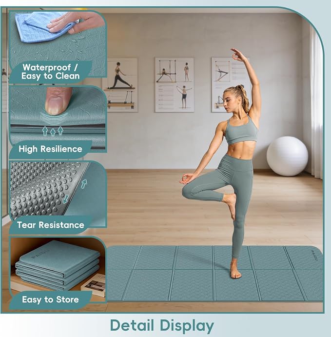 PAIDU Foldable Yoga Mat for Travel, 70"x24"x0.31" (8MM) TPE Double-Sided Non-Slip Pilates Mat with Carrying Bag for Yoga, Pilates, Fitness and Home/Outdoor Workouts