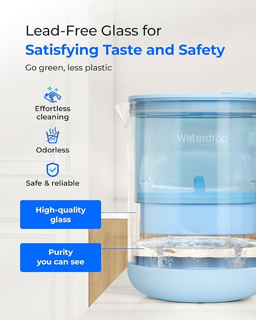 Waterdrop PT-72B-A Glass Alkaline Water Filter Pitcher, 7-Cup, Eco-Friendly, Enhances Alkaline Water, for Home & Office, Reduces Chlorine, Cadmium, Copper & Mercury, Blue