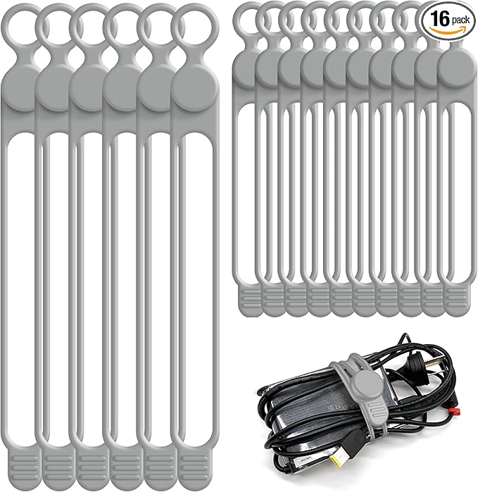 Silicone Cable Ties Cord Organizer for Cable Management, 16PCS 4.2" and 7.1" Reusable Cable Organizer Electronic Accessories for Home, Office, Kitchen, School, Travel (Grey)