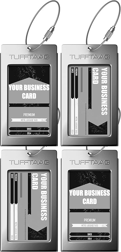 Luggage Tags Business Card Holder by TUFFTAAG - Durable Travel ID Bag Tag, Gunmetal, 4 Pack