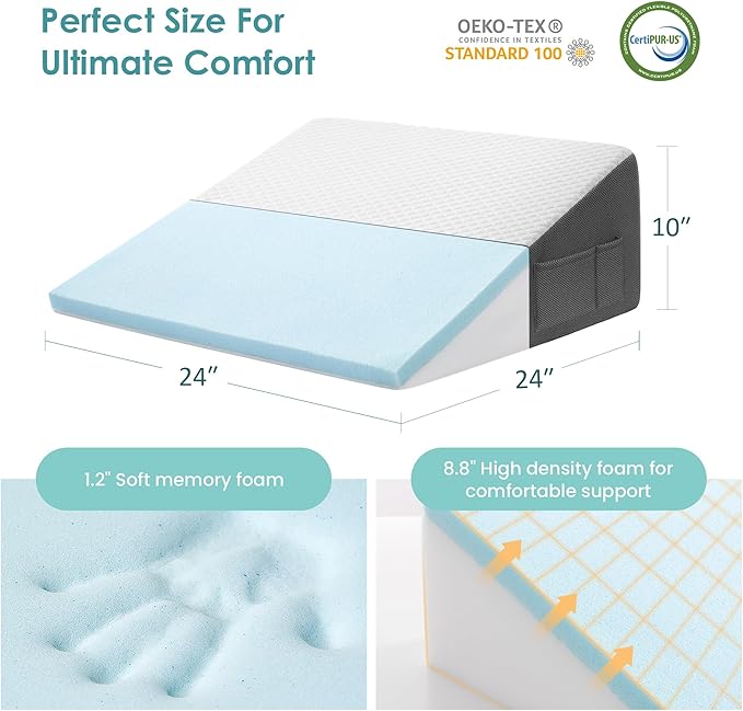 Cozymaker 10" Bed Wedge Pillow for Sleeping After Surgery, Back Support, Leg Elevation, Gerd Acid Reflux, Neck Pain, Snoring, Cooling Memory Foam Triangle Incline Wedge
