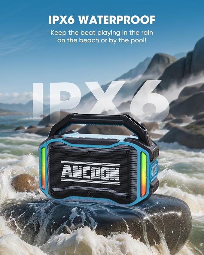 ANCOON Speakers Bluetooth Wireless: 80W(Peak) Loud Speaker with Bass, 20H Playtime, IPX6 Waterproof, Large Jobsite Speakers for Work, Outdoor, Workshop, Garage, Portable Speaker with TWS (Sky Blue)