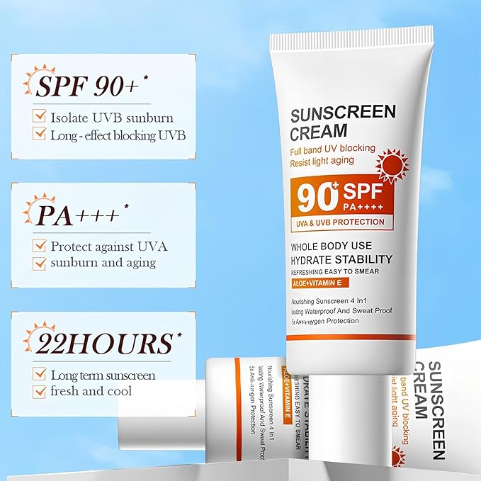 SPF 90+ Sunscreen Cream 2 Pack, Broad Spectrum UVA/UVB Protection Face & Body Sun Lotion with Aloe Vera & Vitamin E, Lightweight, Non-Greasy, Water & Sweat Resistant Daily Sun Defense