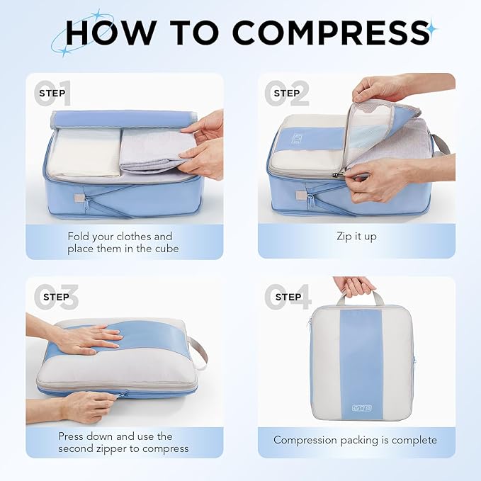 10 Set Compression Packing Cubes for Travel Essentials,Compressible Expandable Packing Cubes for Suitcase,OlarHike Luggage Garment Bags for Travel,Handy Helper for Organizing Clothes(Light Blue)