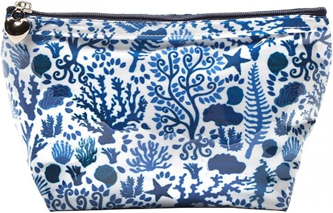 Jacaranda Living Small Cosmetic Bag - Water-Resistant, PVC-Lined, Compact & Travel Ready Make Up Bag, Easy to Clean - Blue Seashells